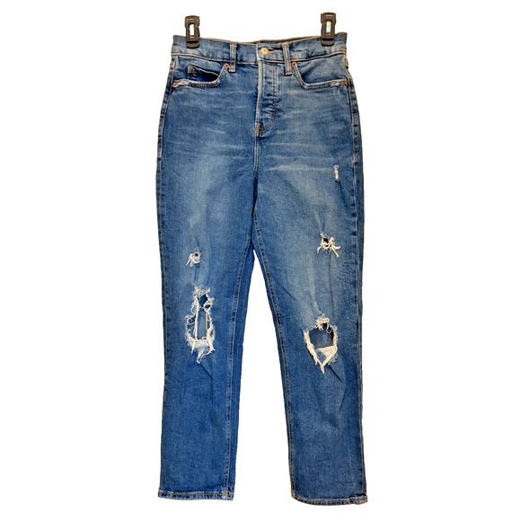 Old Navy Blue Sky-Hi Straight Extra High Rise Button Fly Distressed Jeans Sz 4 - Picture 1 of 5